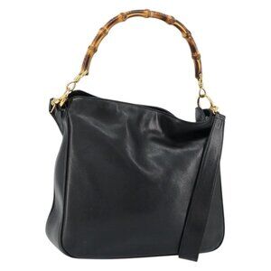 Authentic GUCCI Bamboo Shoulder Bag Leather 2way Black Gold 001 0166 1638